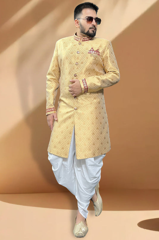 Jacquard Wedding Wear Attractive Readymade Men Peshawari Style Indo Western In Beige Color