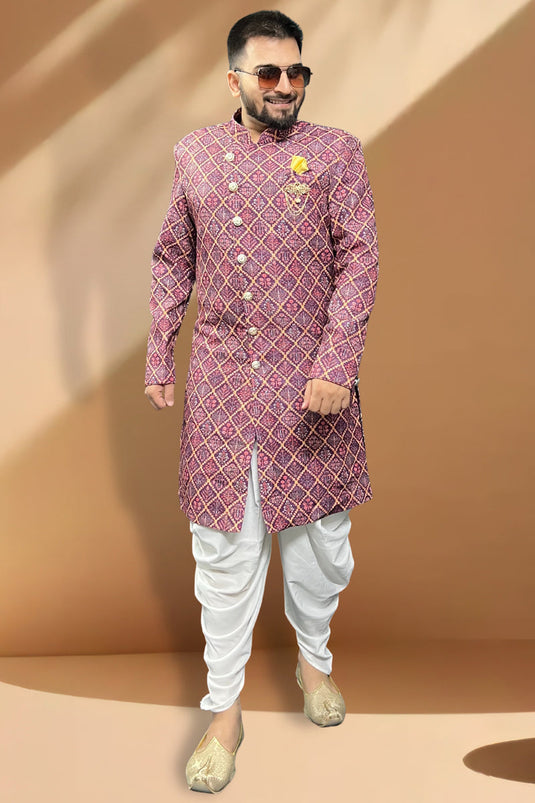 Purple Wedding Wear Readymade Glamorous Peshawari Style Indo Western For Men In Cotton Fabric