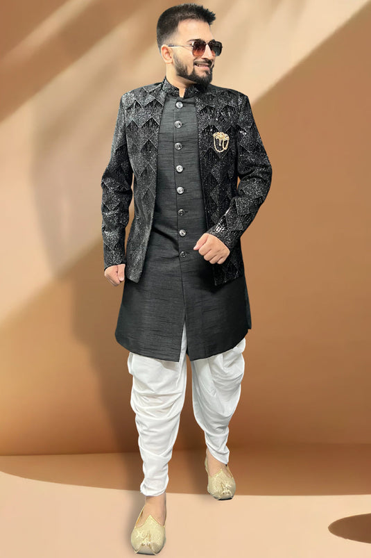 Silk Black Color Wedding Wear Readymade Designer Peshawari Style Indo Western For Men