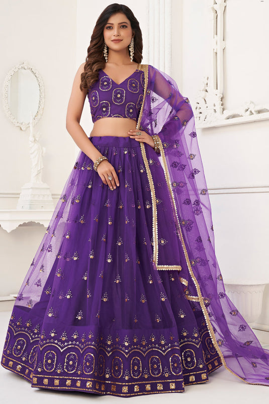 Awesome Embroidered Work On Net Fabric Purple Color Lehenga Choli