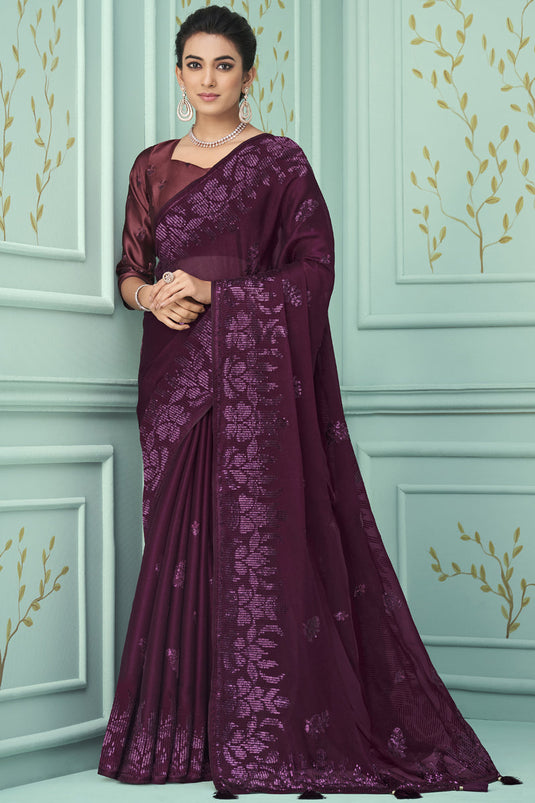 Wedding Wear Chiffon Fabric Sequins Work Saree In Wine Color