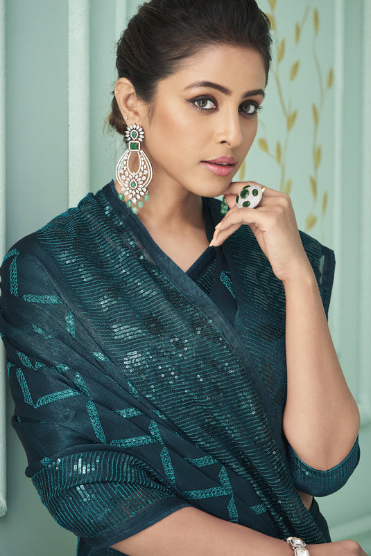 Teal Color Reception Wear Sequins Work Chiffon Fabric Saree