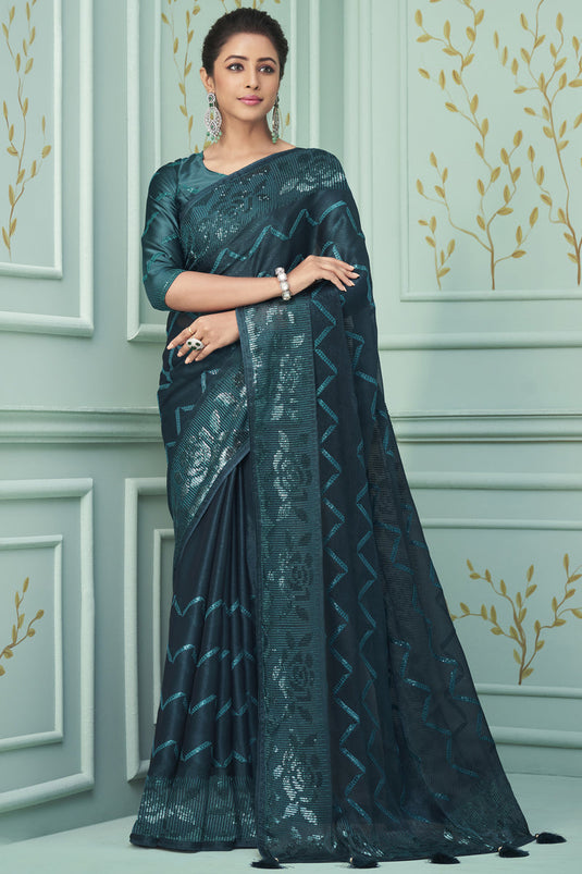 Teal Color Reception Wear Sequins Work Chiffon Fabric Saree