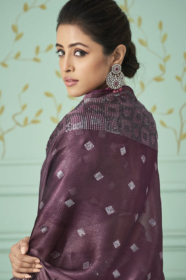 Wedding Wear Chiffon Fabric Purple Color Sequins Work Saree
