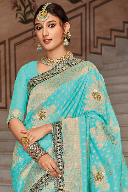 Turquoise Color Dola Silk Fabric Reception Wear Weaving Work Saree