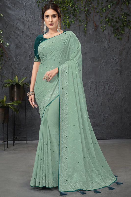 Wedding Wear Chiffon Fabric Embroidered Saree In Sea Green Color