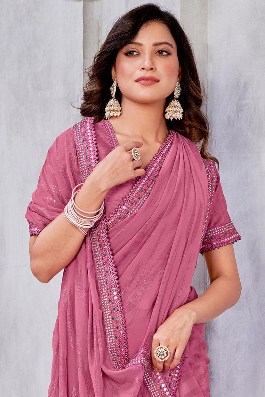 Pink Color Reception Wear Trendy Weaving Work Saree In Georgette Fabric