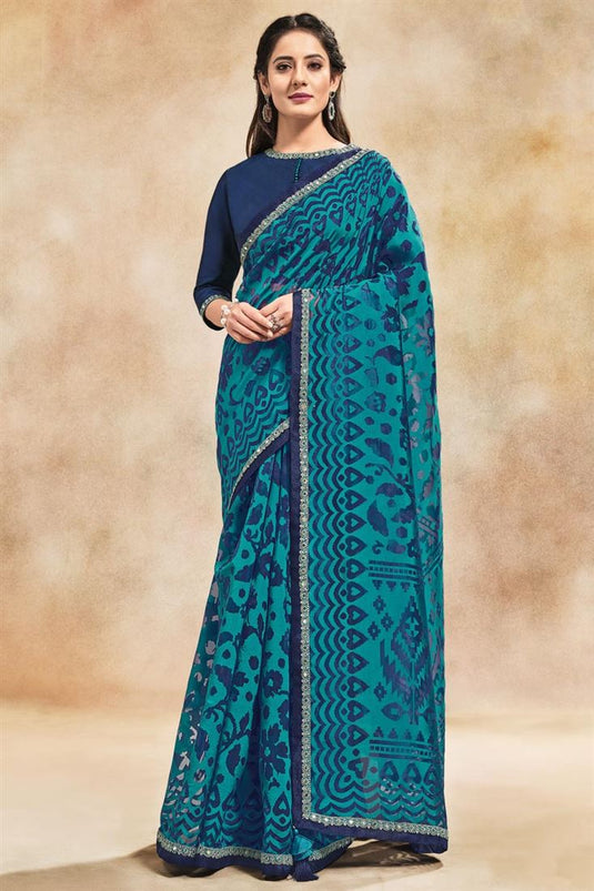 Winsome Embroidered Work Teal Color Sangeet Wear Saree In Organza Fabric