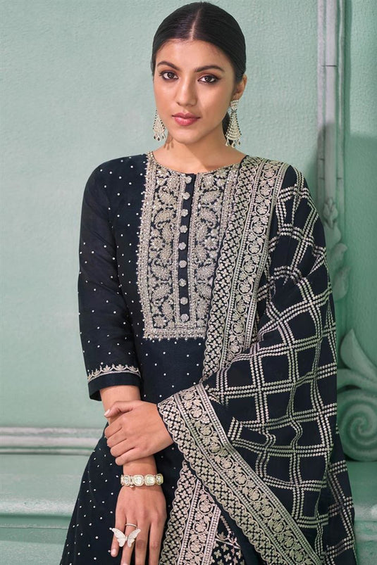 Georgette Fabric Navy Blue Color Embroidered Winsome Palazzo Suit