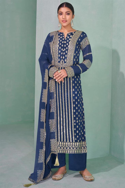 Blue Color Georgette Fabric Embroidered Tempting Palazzo Suit