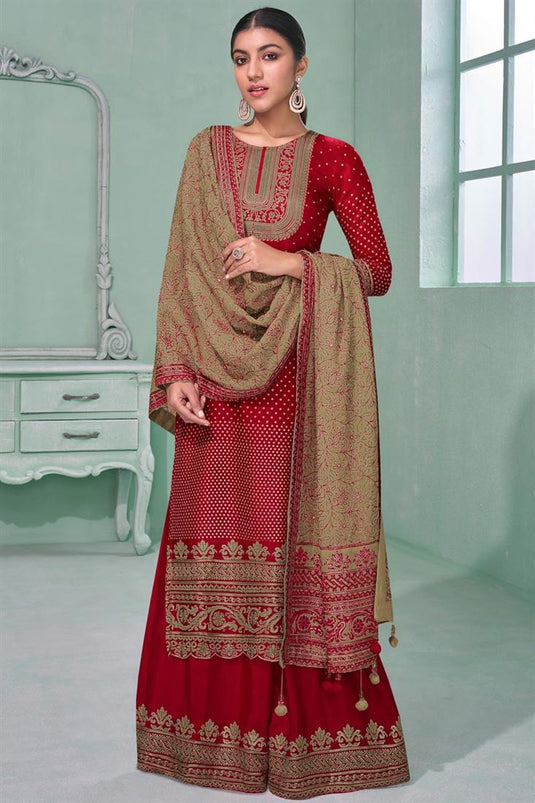 Red Color Georgette Fabric Embroidered Awesome Palazzo Suit