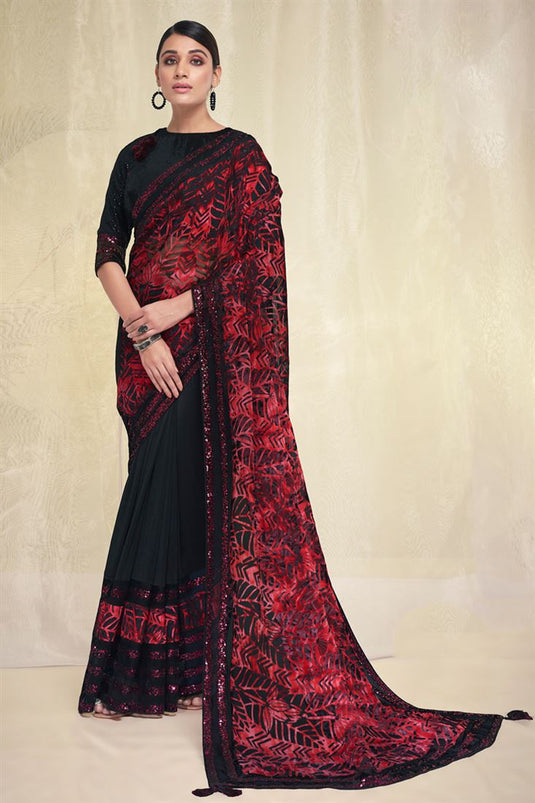 Red and Black Color Brasso And Crepe Fabric Saree With Imposing Sequins Work