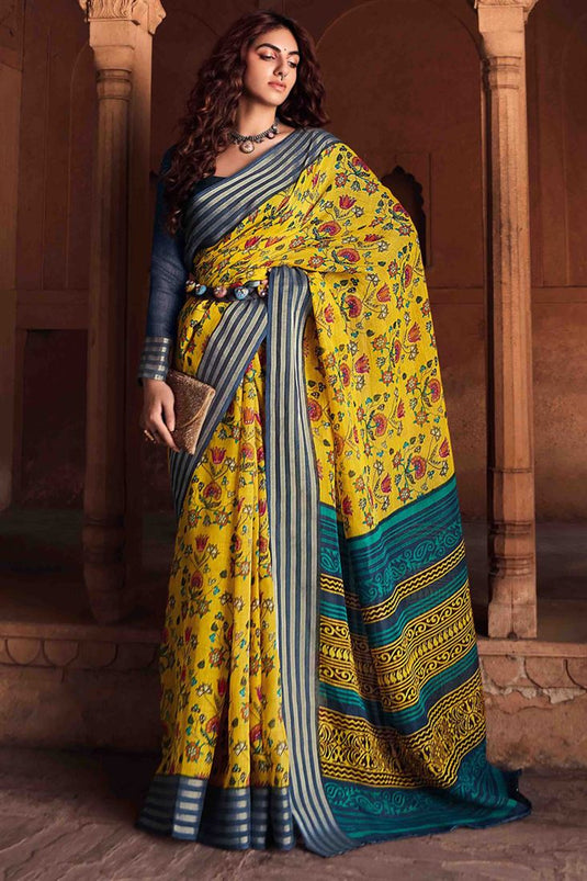 Yellow Designer Linen Saree With Kasab Border With Blouse