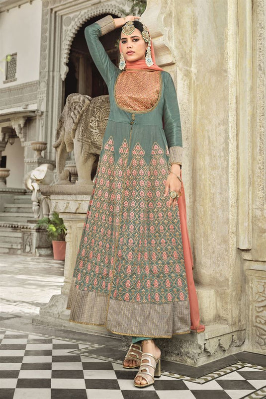 Charming Embroidered Work Grey Color Art Silk Fabric Function Wear Anarkali Suit