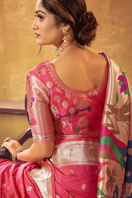 Incredible Weaving Work On Pink Color Paithani Silk Saree