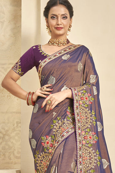 Purple Color Art Silk Fabric Embroidered Fancy Saree