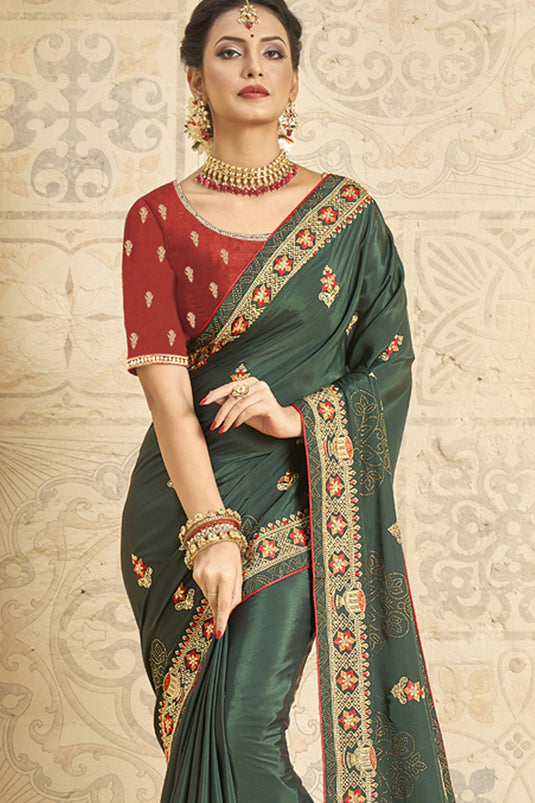 Function Wear Dark Green Color Crepe Silk Fabric Designer Embroidered Saree