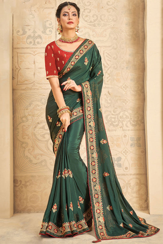 Function Wear Dark Green Color Crepe Silk Fabric Designer Embroidered Saree