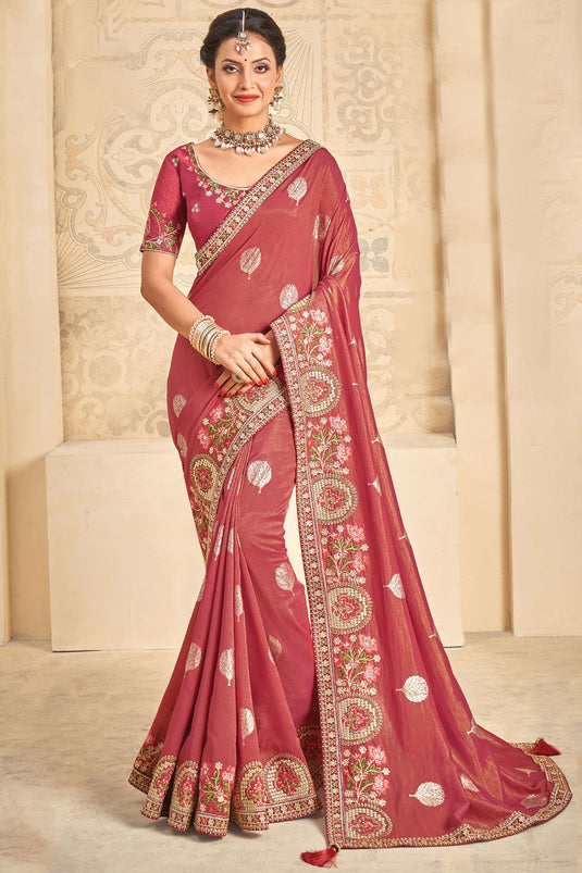 Red Color Embroidered Art Silk Fabric Function Wear Saree