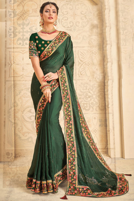 Green Color Function Wear Designer Satin Silk Fabric Embroidered Saree