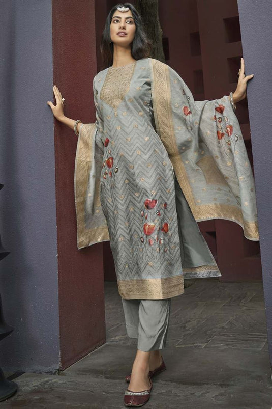 Grey Color Digital Printed Designs On Jacquard Fabric Daily Wear Beatific Salwar Suit