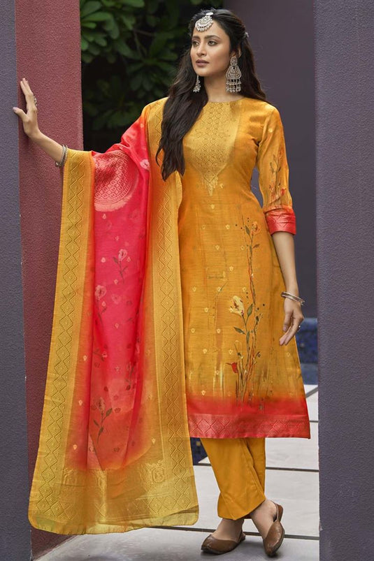 Tempting Jacquard Fabric Mustard Color Casual Wear Salwar Suit With Digital Printed Work