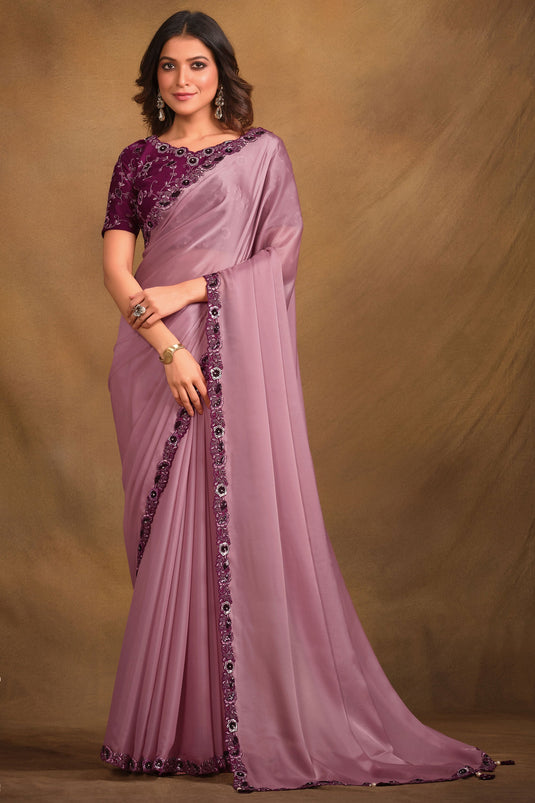 Pink Color Festive Wear Fancy Fabric Trendy Embroidered Saree With Designer Blouse