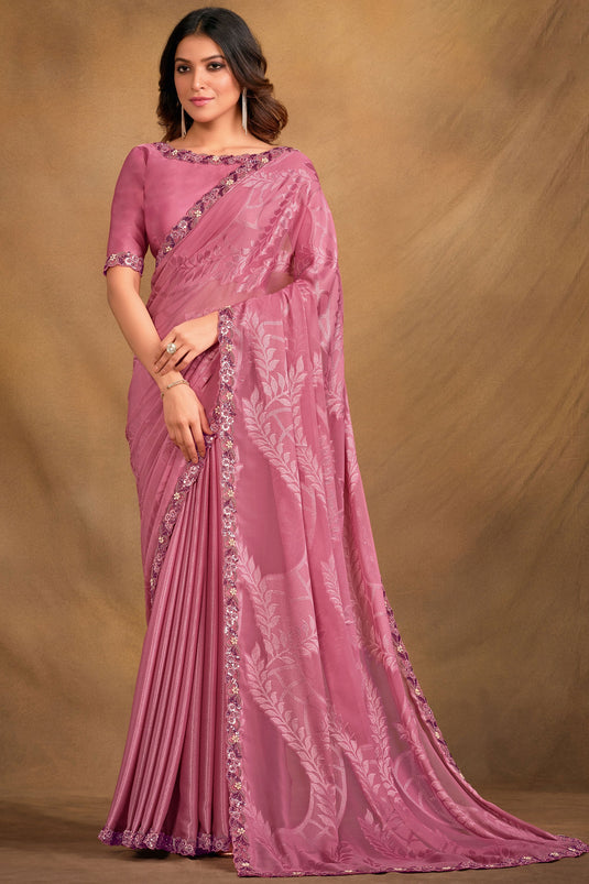 Pink Color Fancy Fabric Embroidered Saree With Designer Blouse