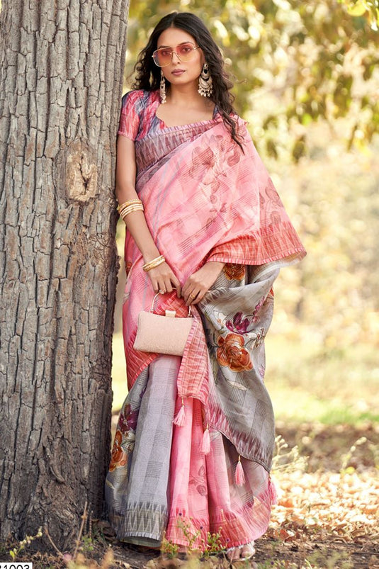 Pink And Grey Color Printed Work On Cotton Fabric Chic Saree