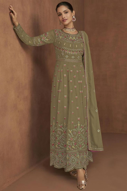 Vartika Singh Olive Color Embroidered Charismatic Georgette Anarkali Suit