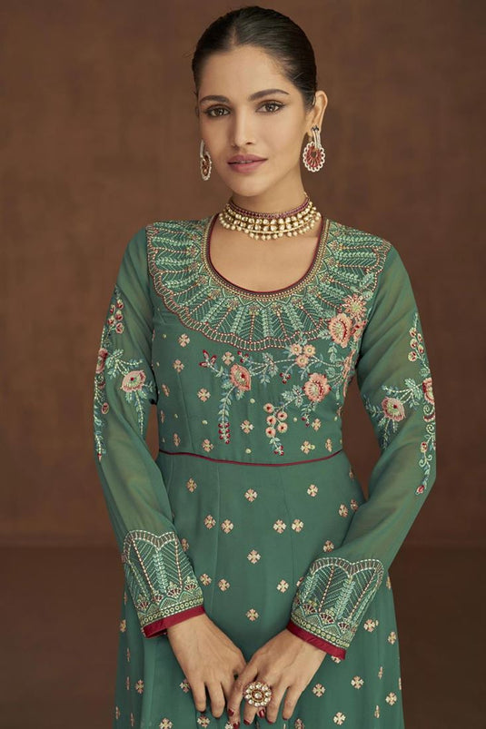 Vartika Singh Embroidered Vivacious Georgette Anarkali Suit In Cyan Color