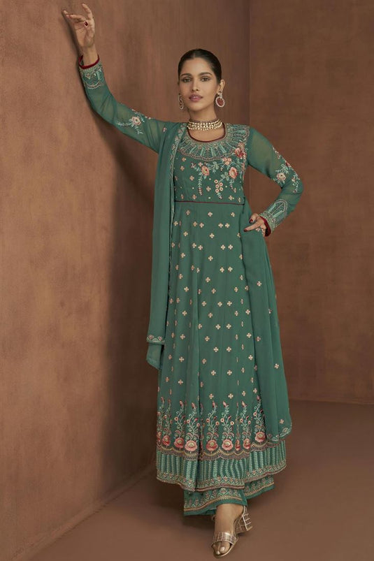 Vartika Singh Embroidered Vivacious Georgette Anarkali Suit In Cyan Color