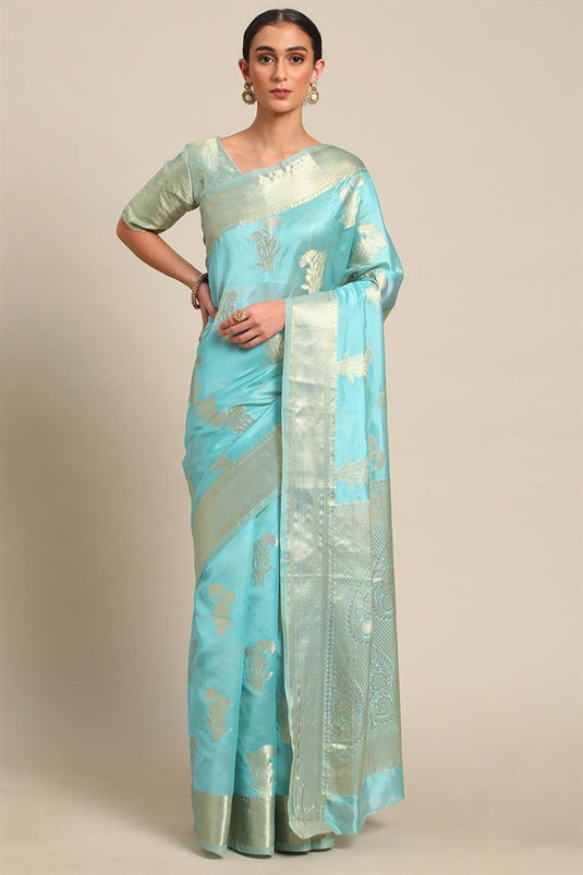 Organza Fabric Imposing Banarasi Weaving Saree In Sky Blue Color
