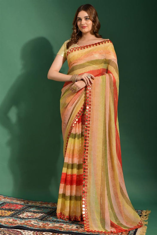 Chiffon Fabric Beige Color Ingenious Leheriya Printed Saree