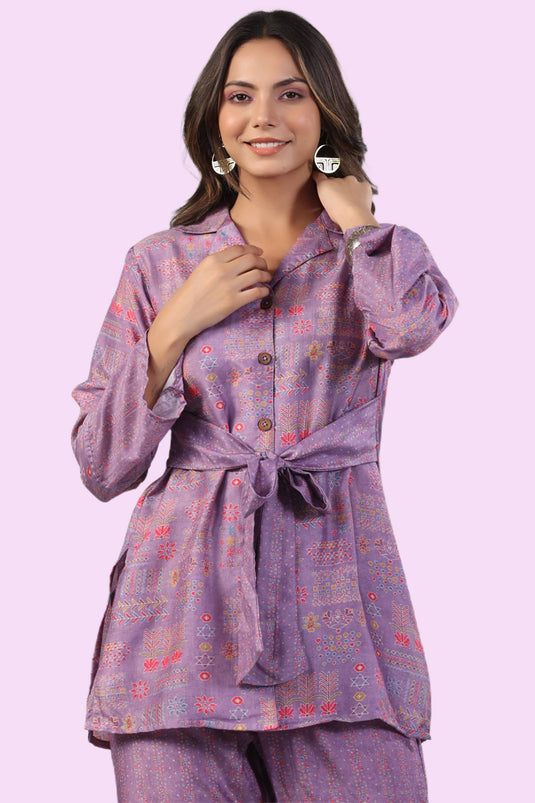 Exclusive Purple Color Designer Printed Readymade Co Ord Set