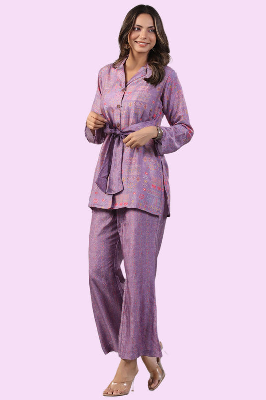 Exclusive Purple Color Designer Printed Readymade Co Ord Set