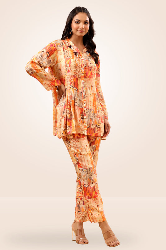 Exclusive Orange Color Luxury Printed Designer Readymade Co Ord Set