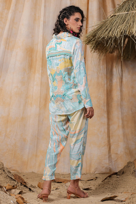 Exclusive Turquoise Cotton Fabric Marble Print Full Sleeves Comfortable Readymade Co Ord Set