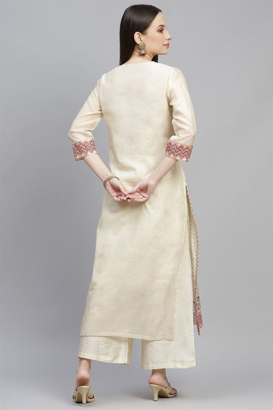 Beige Color Chanderi Fabric Daily Wear Fancy Kurti With Palazzo