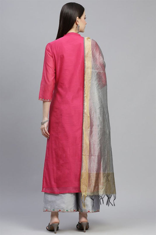 Pink Color Chanderi Fabric Casual Stylish Kurti With Palazzo