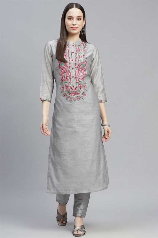 Grey Color Chanderi Fabric Daily Wear Trendy Kurti