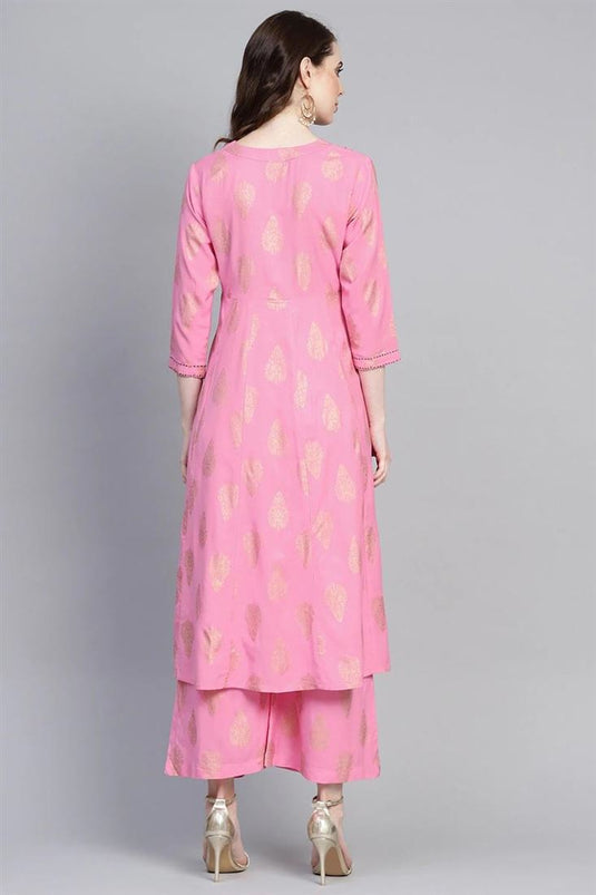 Rayon Fabric Pink Color Printed Kurti Bottom Set With Dupatta