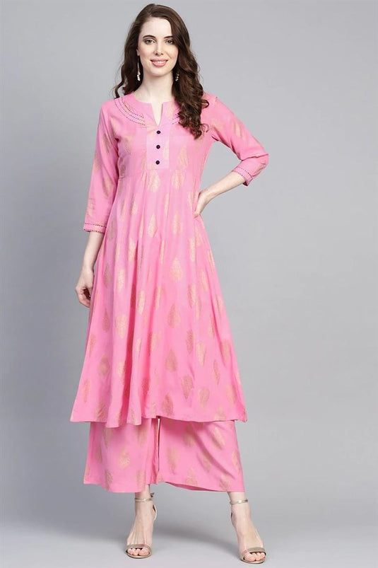 Rayon Fabric Pink Color Printed Kurti Bottom Set With Dupatta