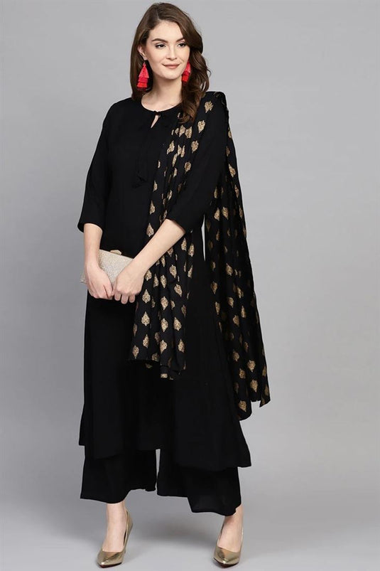 Casual Wear Black Color Kurti Bottom With Beautiful Dupatta In Rayon Fabric