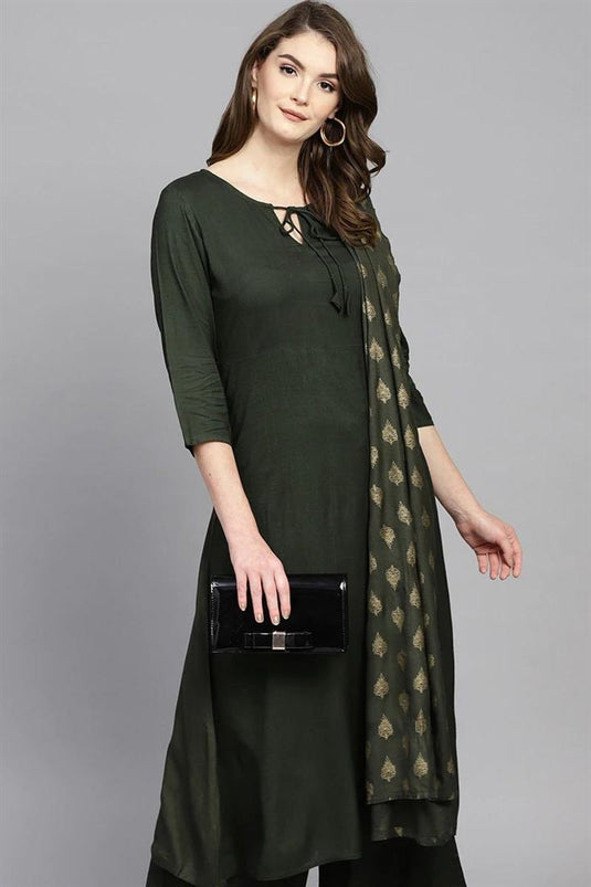 Mehendi Green Color Daily Wear Kurti Bottom Set With Lovely Dupatta In Rayon Fabric