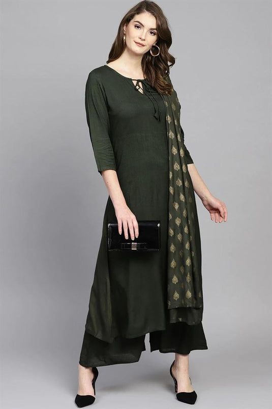 Mehendi Green Color Daily Wear Kurti Bottom Set With Lovely Dupatta In Rayon Fabric