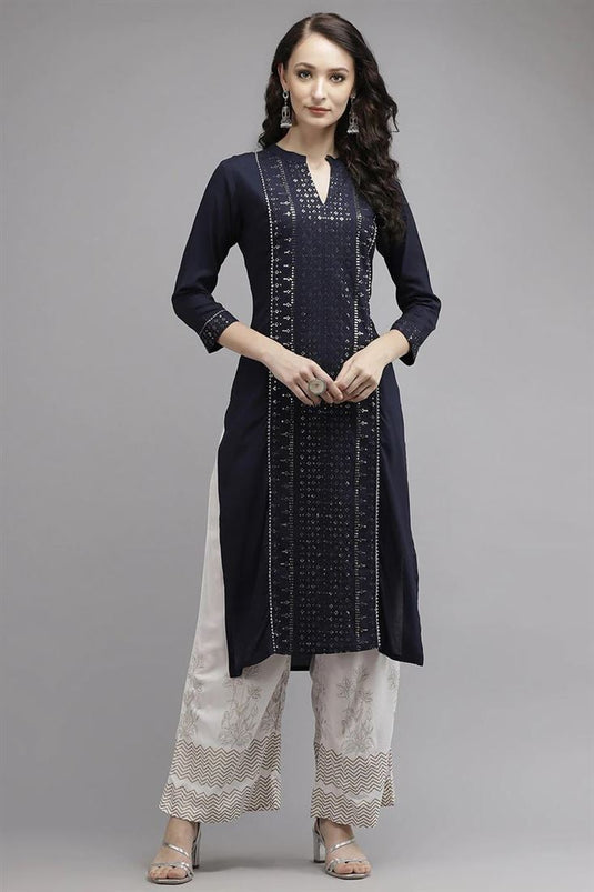 Navy Blue Color Rayon Fabric Fancy Kurti Bottom Set In Daily Wear