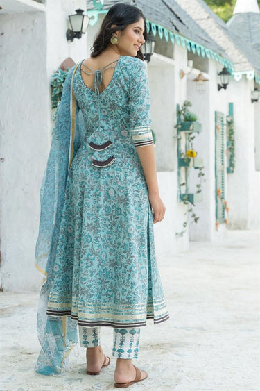 Marvelous Cotton Fabric Casual Wear Anarkali style Top Bottom Dupatta Set In Sky Blue Color
