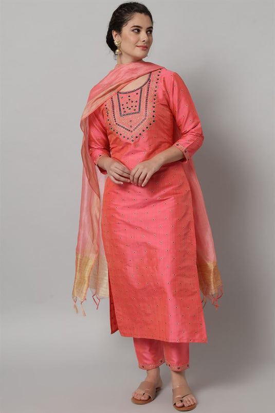 Peach Color Rayon Fabric Charismatic Top Bottom Dupatta Set