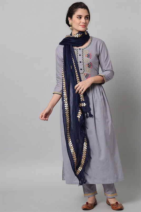 Rayon Fabric Grey Color Supreme Top Bottom Dupatta Set